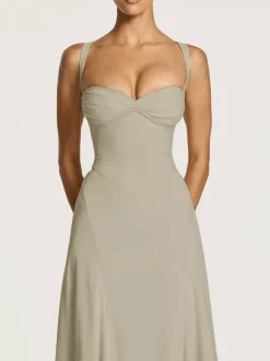 Party Dress Maxi Beige Halter Pleated Sleeveless Backless Chic Semi Formal Dress