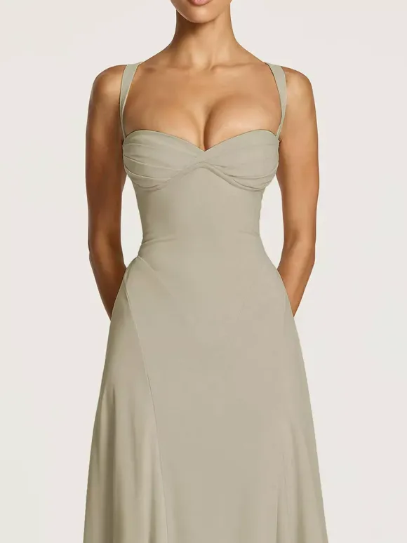 Party Dress Maxi Beige Halter Pleated Sleeveless Backless Chic Semi Formal Dress
