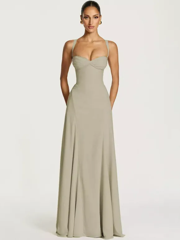 Party Dress Maxi Beige Halter Pleated Sleeveless Backless Chic Semi Formal Dress