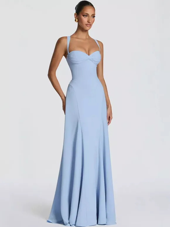 Party Dress Maxi Beige Halter Pleated Sleeveless Backless Chic Semi Formal Dress