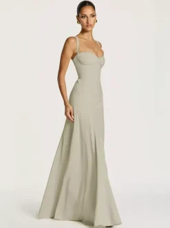 Party Dress Maxi Beige Halter Pleated Sleeveless Backless Chic Semi Formal Dress