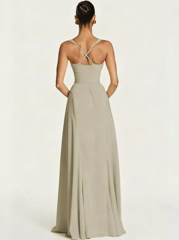 Party Dress Maxi Beige Halter Pleated Sleeveless Backless Chic Semi Formal Dress