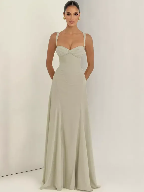 Party Dress Maxi Beige Halter Pleated Sleeveless Backless Chic Semi Formal Dress