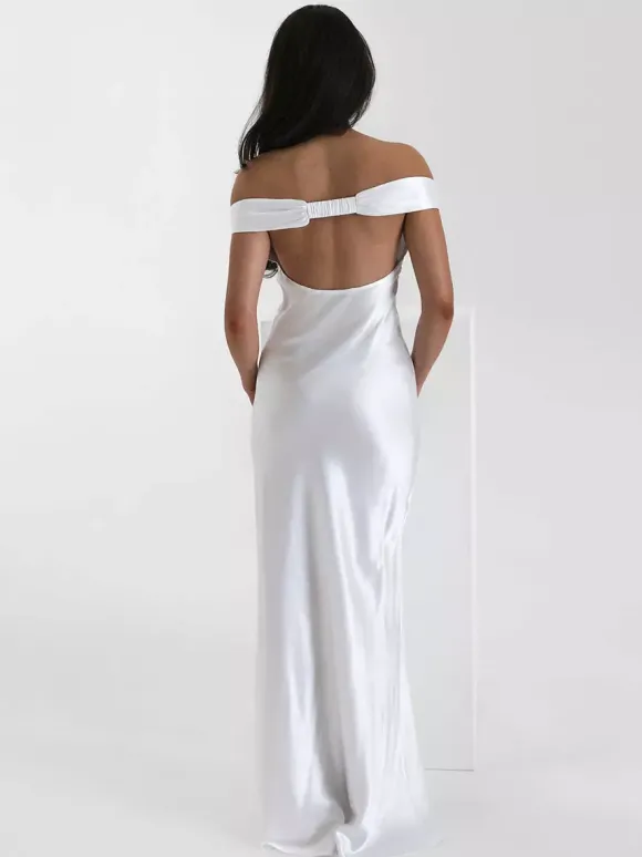 Party Dress Maxi Beige V-Neck Off-Shoulder Backless Chic Semi Formal Summer Gown