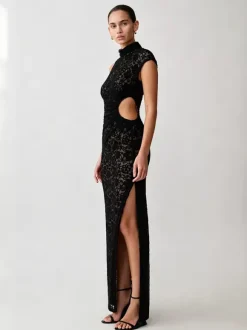 Party Dress Maxi Black High Collar Lace Sleeveless Sexy Bodycon Semi Formal Dress