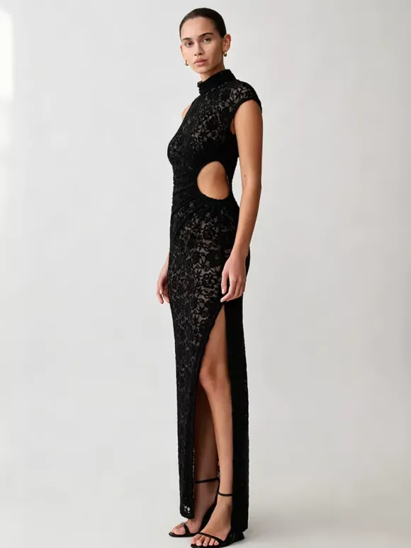 Party Dress Maxi Black High Collar Lace Sleeveless Sexy Bodycon Semi Formal Dress