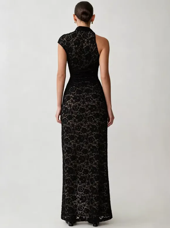 Party Dress Maxi Black High Collar Lace Sleeveless Sexy Bodycon Semi Formal Dress