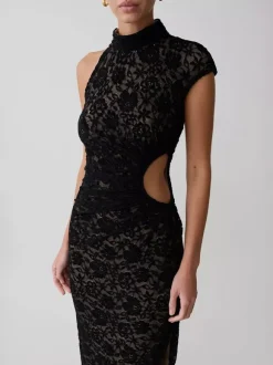 Party Dress Maxi Black High Collar Lace Sleeveless Sexy Bodycon Semi Formal Dress