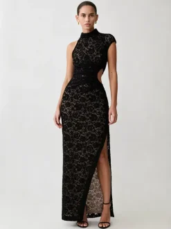 Party Dress Maxi Black High Collar Lace Sleeveless Sexy Bodycon Semi Formal Dress