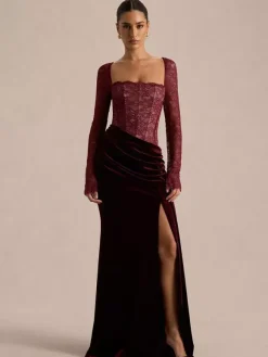 Party Dress Maxi Black Square Neck Long Sleeves Two-Tone Sexy Semi Formal Dress