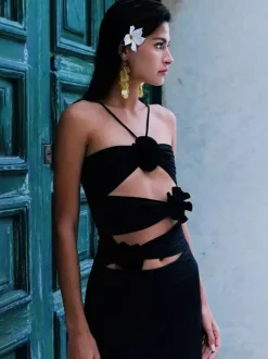 Party Dress Maxi Black Strapless Lace Up Sleeveless Backless Casual Semi Formal Dress