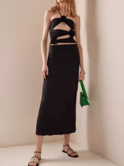 Party Dress Maxi Black Strapless Lace Up Sleeveless Backless Casual Semi Formal Dress