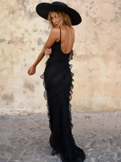 Party Dress Maxi Black Straps Neck Ruffles Sleeveless Backless Elegant Semi Formal Dress