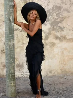 Party Dress Maxi Black Straps Neck Ruffles Sleeveless Backless Elegant Semi Formal Dress