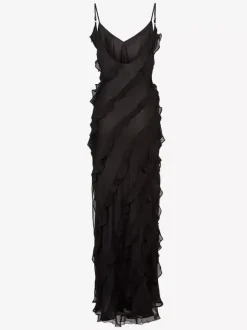 Party Dress Maxi Black Straps Neck Ruffles Sleeveless Backless Elegant Semi Formal Dress