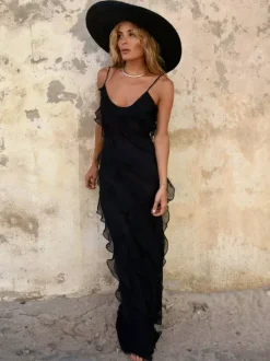 Party Dress Maxi Black Straps Neck Ruffles Sleeveless Backless Elegant Semi Formal Dress