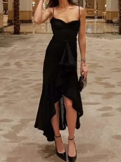 Party Dress Maxi Black Straps Neck Sleeveless Clothes Sexy Semi Formal Dress