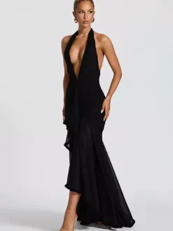 Party Dress Maxi Black V-Neck Pleated Sleeveless Sexy Semi Formal Dress