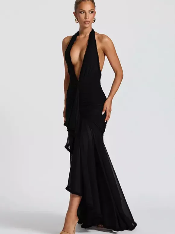 Party Dress Maxi Black V-Neck Pleated Sleeveless Sexy Semi Formal Dress