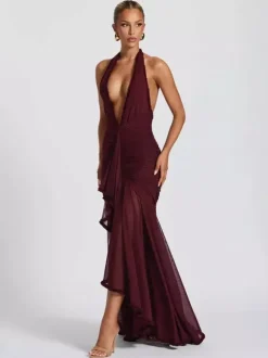 Party Dress Maxi Black V-Neck Pleated Sleeveless Sexy Semi Formal Dress