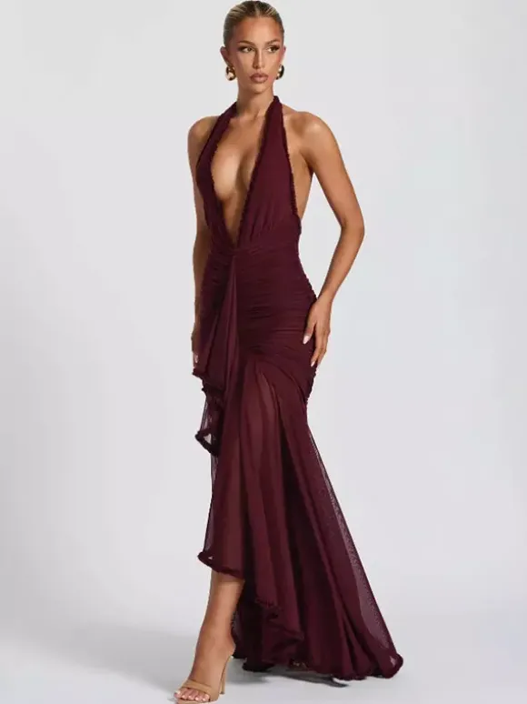 Party Dress Maxi Black V-Neck Pleated Sleeveless Sexy Semi Formal Dress