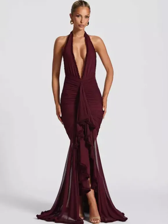 Party Dress Maxi Black V-Neck Pleated Sleeveless Sexy Semi Formal Dress