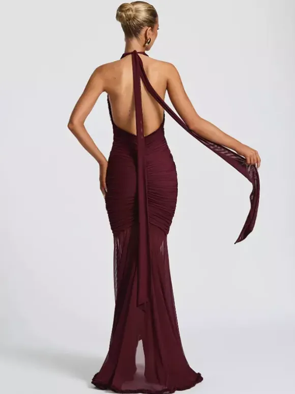 Party Dress Maxi Black V-Neck Pleated Sleeveless Sexy Semi Formal Dress