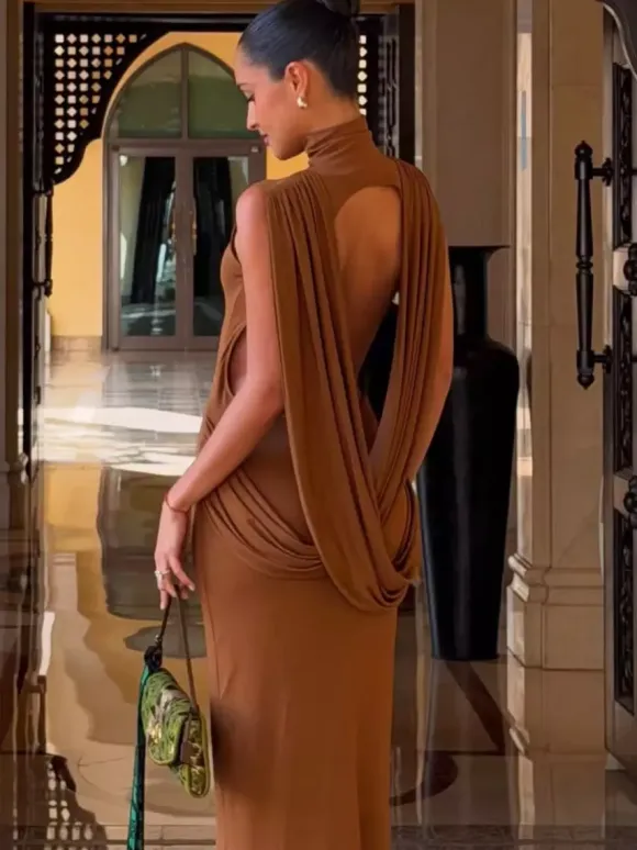 Party Dress Maxi Bronze High Collar Sleeveless Slim Fit Bodycon Sexy Semi Formal Dress