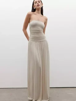 Party Dress Maxi Brown Strapless Pleated Sleeveless Clothes Sexy Semi Formal Dress