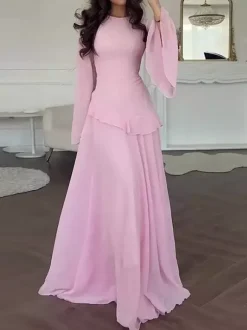 Party Dress Maxi Burgundy Jewel Neck Lace Up Long Sleeves Flared Sleeves Sexy Dress