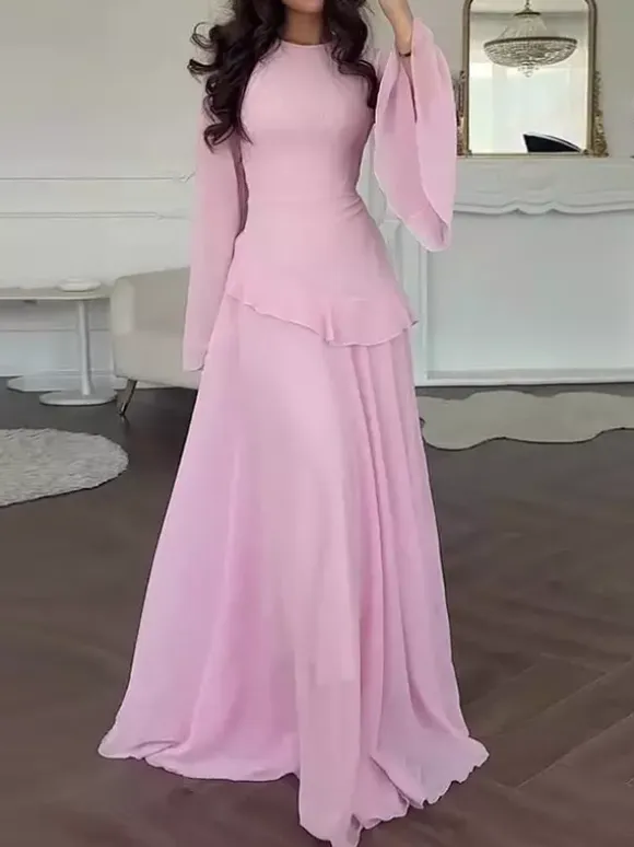 Party Dress Maxi Burgundy Jewel Neck Lace Up Long Sleeves Flared Sleeves Sexy Dress