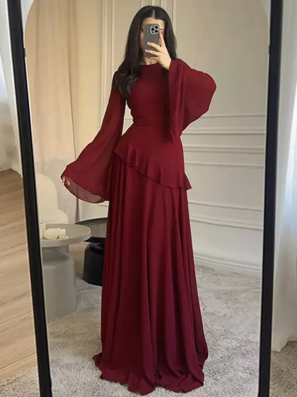 Party Dress Maxi Burgundy Jewel Neck Lace Up Long Sleeves Flared Sleeves Sexy Dress
