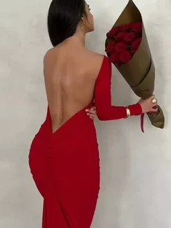 Party Dress Maxi Burgundy Long Sleeves Sexy Semi Formal Dress