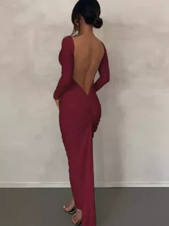 Party Dress Maxi Burgundy Long Sleeves Sexy Semi Formal Dress