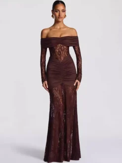 Party Dress Maxi Burgundy Off-The-Shoulder Lace Long Sleeves Sexy Semi Formal Dress