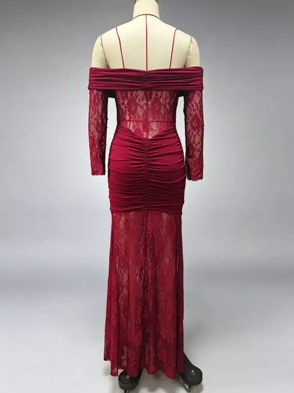 Party Dress Maxi Burgundy Off-The-Shoulder Lace Long Sleeves Sexy Semi Formal Dress