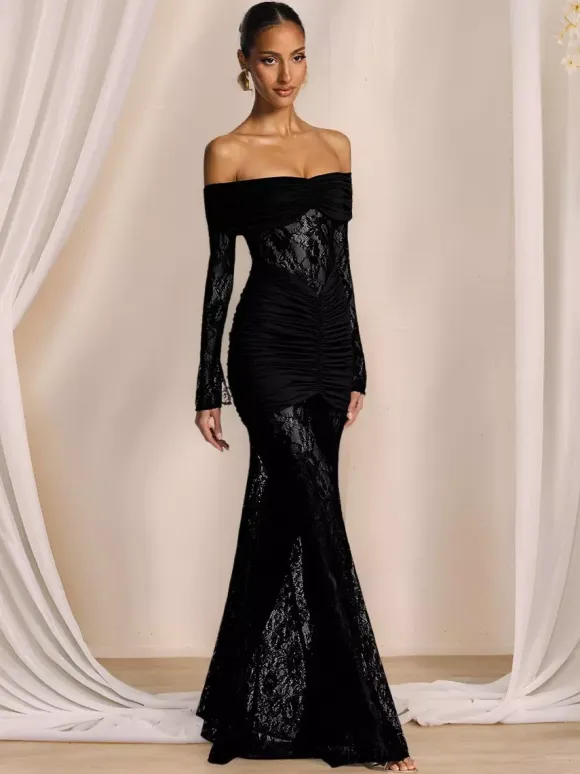 Party Dress Maxi Burgundy Off-The-Shoulder Lace Long Sleeves Sexy Semi Formal Dress