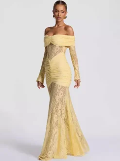 Party Dress Maxi Burgundy Off-The-Shoulder Lace Long Sleeves Sexy Semi Formal Dress