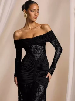 Party Dress Maxi Burgundy Off-The-Shoulder Lace Long Sleeves Sexy Semi Formal Dress