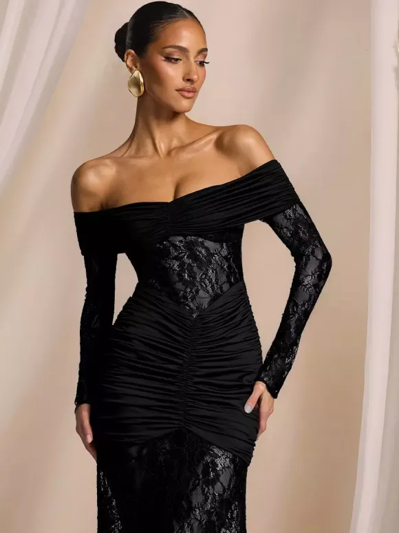 Party Dress Maxi Burgundy Off-The-Shoulder Lace Long Sleeves Sexy Semi Formal Dress