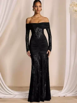Party Dress Maxi Burgundy Off-The-Shoulder Lace Long Sleeves Sexy Semi Formal Dress
