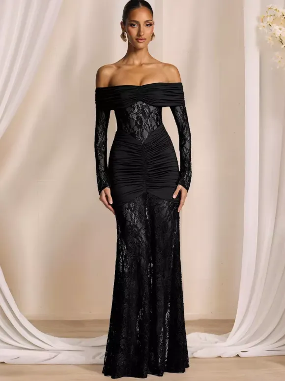 Party Dress Maxi Burgundy Off-The-Shoulder Lace Long Sleeves Sexy Semi Formal Dress