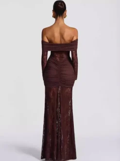 Party Dress Maxi Burgundy Off-The-Shoulder Lace Long Sleeves Sexy Semi Formal Dress