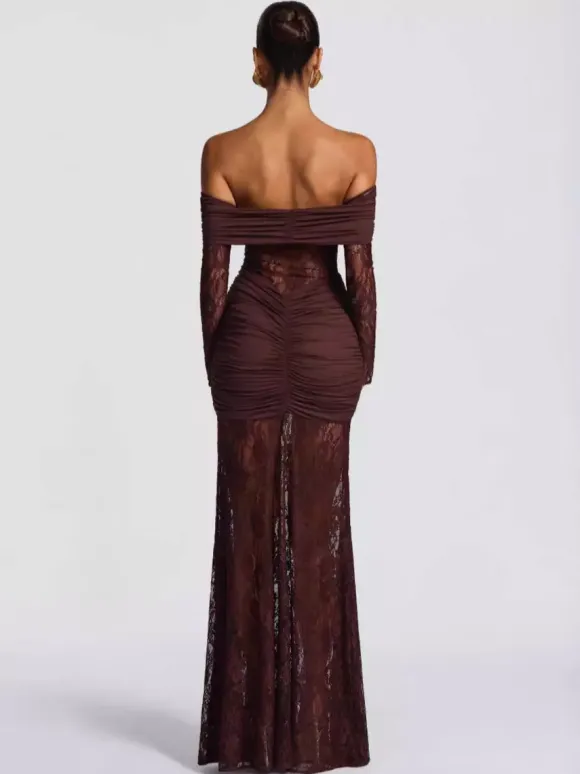 Party Dress Maxi Burgundy Off-The-Shoulder Lace Long Sleeves Sexy Semi Formal Dress