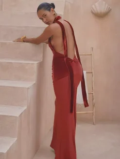 Party Dress Maxi Burgundy V-Neck Sleeveless Sexy Semi Formal Dress
