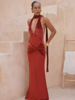 Party Dress Maxi Burgundy V-Neck Sleeveless Sexy Semi Formal Dress
