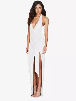 Party Dress Maxi Champagne Halter V-Neck Lace High Slit Sleeveless Sexy Semi Formal Dress