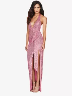 Party Dress Maxi Champagne Halter V-Neck Lace High Slit Sleeveless Sexy Semi Formal Dress