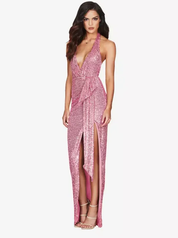 Party Dress Maxi Champagne Halter V-Neck Lace High Slit Sleeveless Sexy Semi Formal Dress