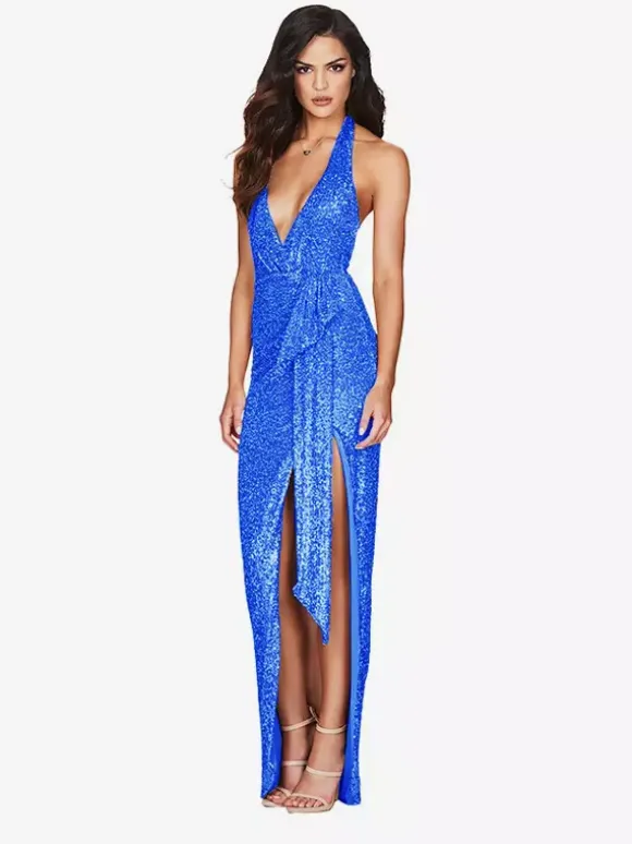 Party Dress Maxi Champagne Halter V-Neck Lace High Slit Sleeveless Sexy Semi Formal Dress